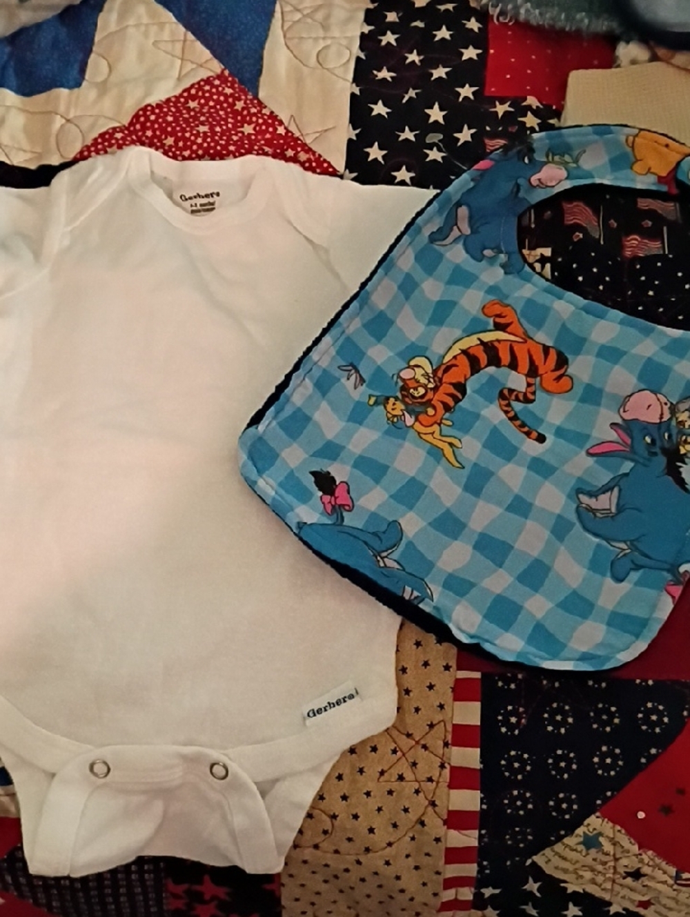 Gerber White Onesie with Blue Checked Cartoon Bib